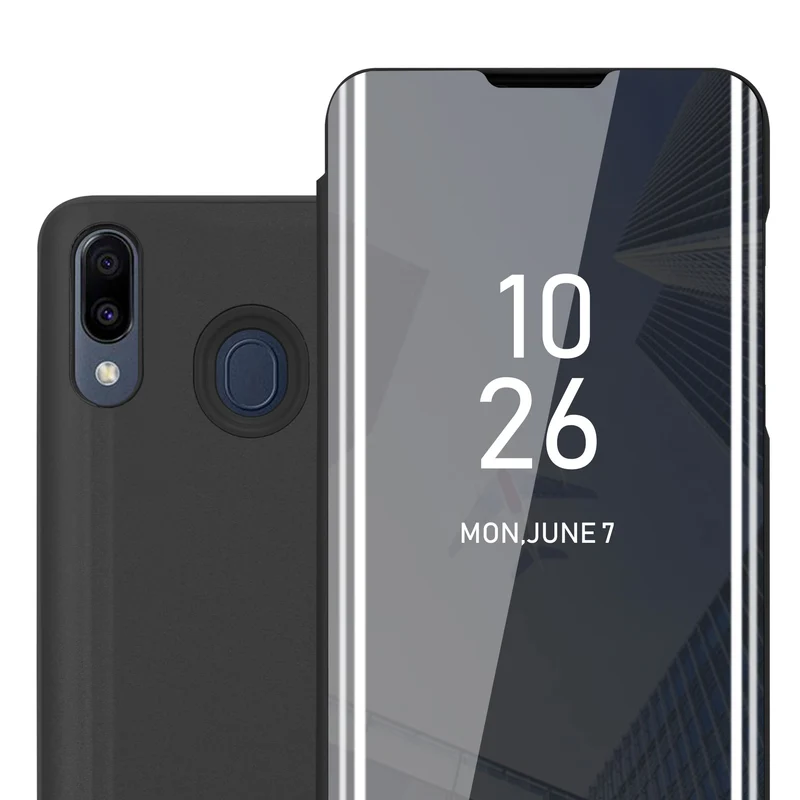 Cadorabo Hülle kompatibel mit Samsung Galaxy M20 Clear View Spiegel Schutzhülle mit Standfunktion 360 Grad Schutz