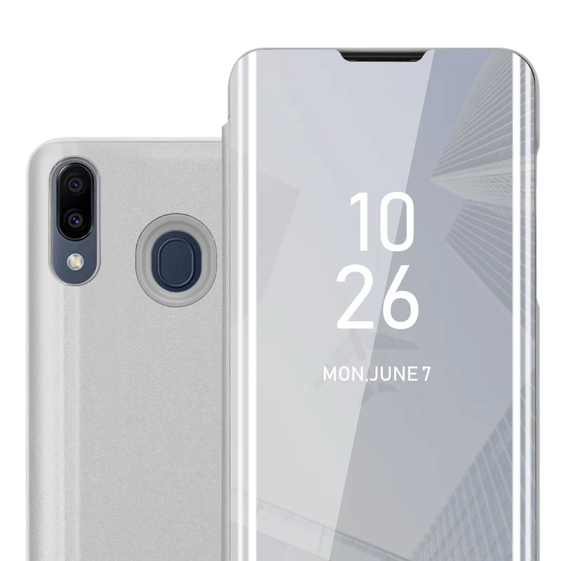 Cadorabo Hülle kompatibel mit Samsung Galaxy M20 Clear View Spiegel Schutzhülle mit Standfunktion 360 Grad Schutz