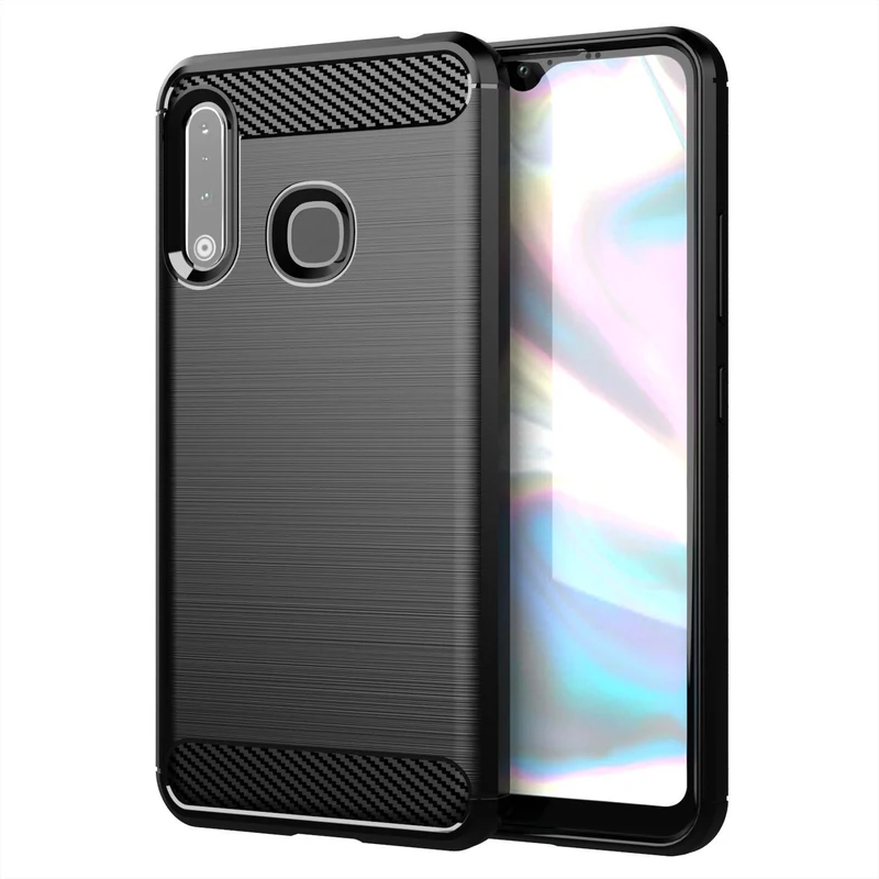 Cadorabo Hülle für Samsung Galaxy A70e Schutzhülle aus flexiblem TPU Silikon in Edelstahl-Karbonfaser Optik
