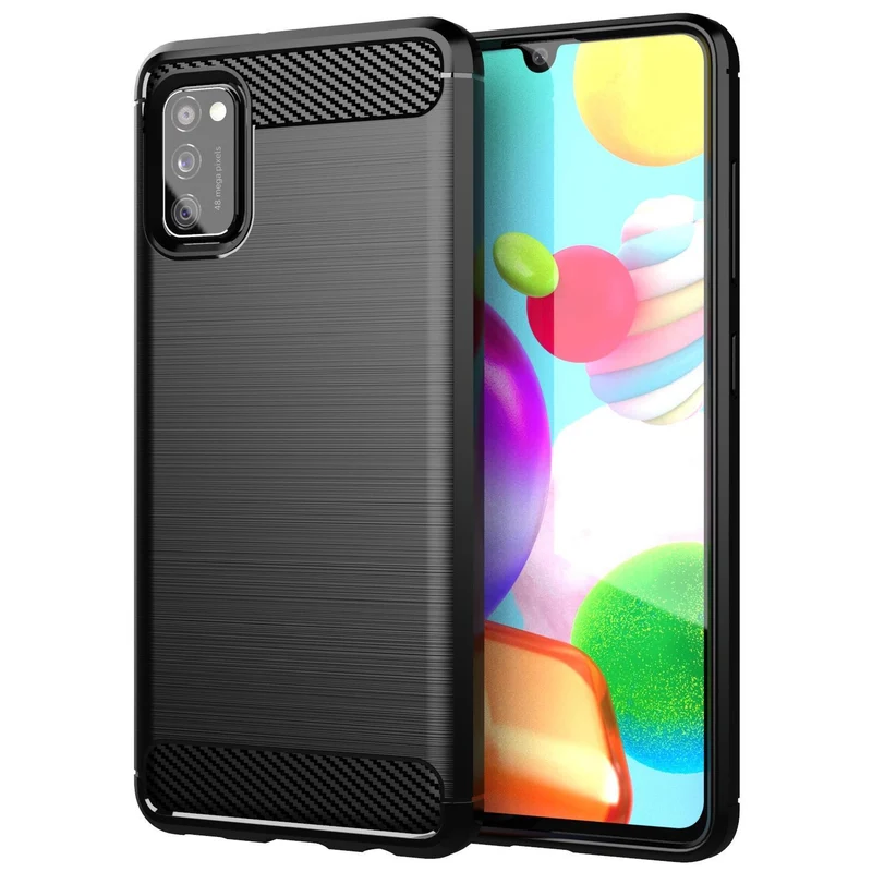 Cadorabo Hülle für Samsung Galaxy A41 Schutzhülle aus flexiblem TPU Silikon in Edelstahl-Karbonfaser Optik