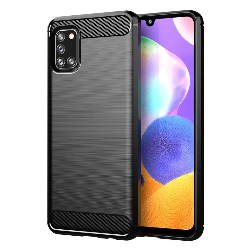 Cadorabo Hülle für Samsung Galaxy A31 Schutzhülle aus flexiblem TPU Silikon in Edelstahl-Karbonfaser Optik