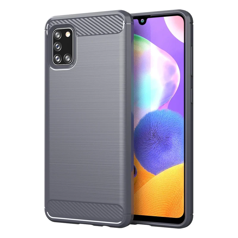 Cadorabo Hülle für Samsung Galaxy A31 Schutzhülle aus flexiblem TPU Silikon in Edelstahl-Karbonfaser Optik
