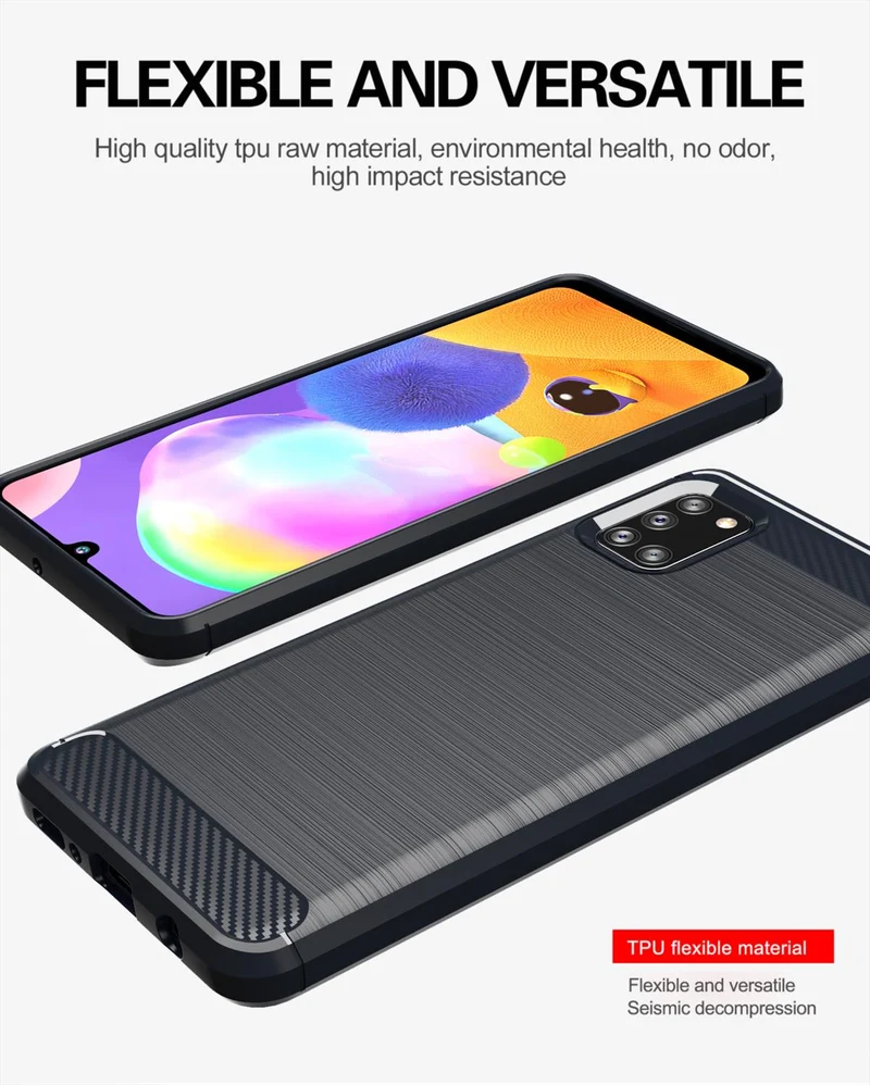 Cadorabo Hülle für Samsung Galaxy A31 Schutzhülle aus flexiblem TPU Silikon in Edelstahl-Karbonfaser Optik