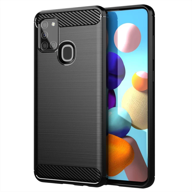 Cadorabo Hülle für Samsung Galaxy A21s Schutzhülle aus flexiblem TPU Silikon in Edelstahl-Karbonfaser Optik