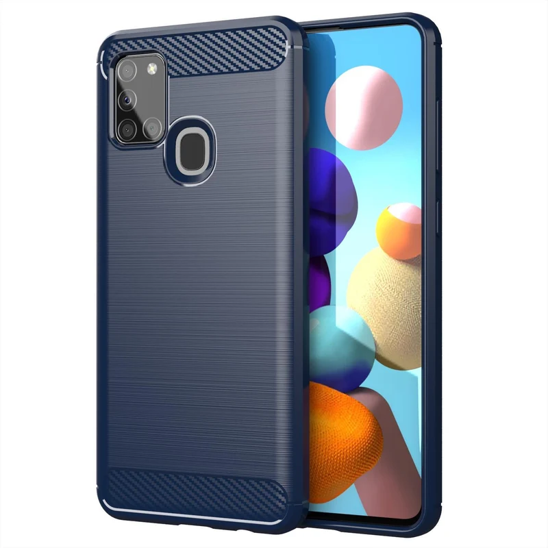 Cadorabo Hülle für Samsung Galaxy A21s Schutzhülle aus flexiblem TPU Silikon in Edelstahl-Karbonfaser Optik