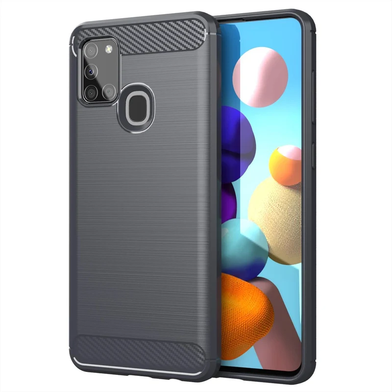 Cadorabo Hülle für Samsung Galaxy A21s Schutzhülle aus flexiblem TPU Silikon in Edelstahl-Karbonfaser Optik