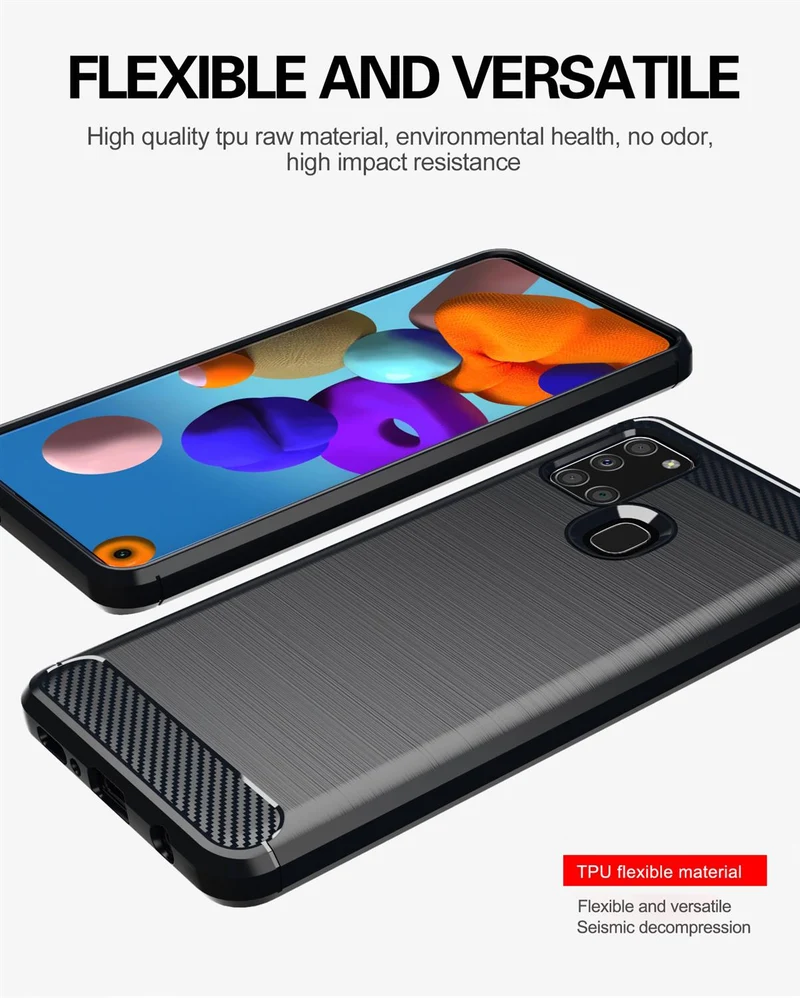 Cadorabo Hülle für Samsung Galaxy A21s Schutzhülle aus flexiblem TPU Silikon in Edelstahl-Karbonfaser Optik