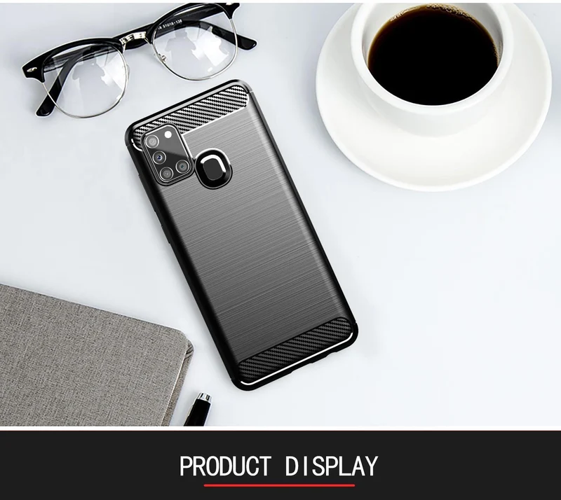 Cadorabo Hülle für Samsung Galaxy A21s Schutzhülle aus flexiblem TPU Silikon in Edelstahl-Karbonfaser Optik