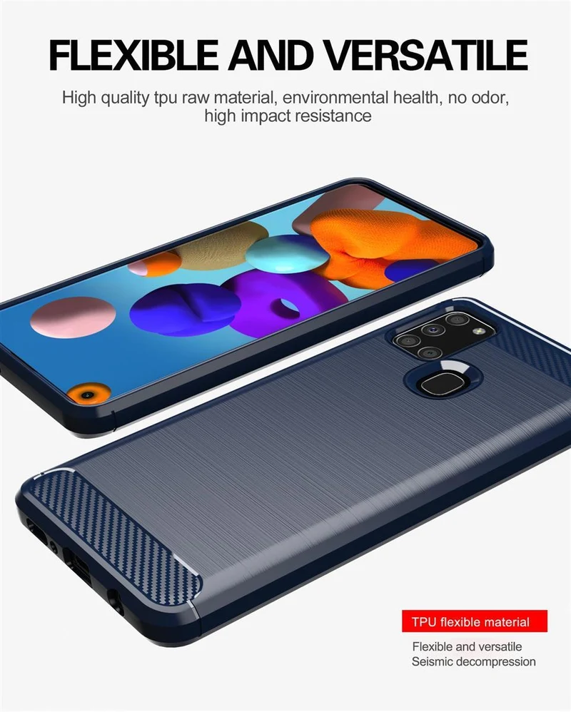 Cadorabo Hülle für Samsung Galaxy A21s Schutzhülle aus flexiblem TPU Silikon in Edelstahl-Karbonfaser Optik
