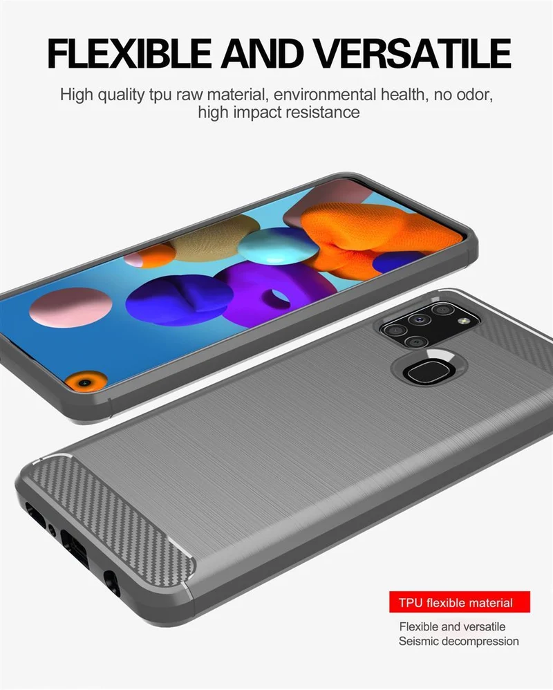 Cadorabo Hülle für Samsung Galaxy A21s Schutzhülle aus flexiblem TPU Silikon in Edelstahl-Karbonfaser Optik