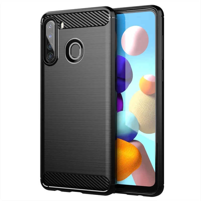 Cadorabo Hülle für Samsung Galaxy A21 Schutzhülle aus flexiblem TPU Silikon in Edelstahl-Karbonfaser Optik