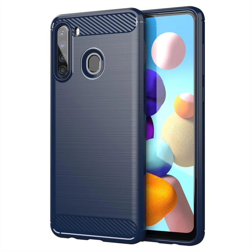 Cadorabo Hülle für Samsung Galaxy A21 Schutzhülle aus flexiblem TPU Silikon in Edelstahl-Karbonfaser Optik