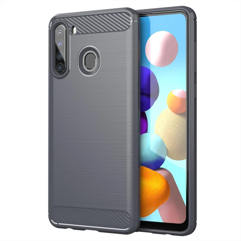 Cadorabo Hülle für Samsung Galaxy A21 Schutzhülle aus flexiblem TPU Silikon in Edelstahl-Karbonfaser Optik