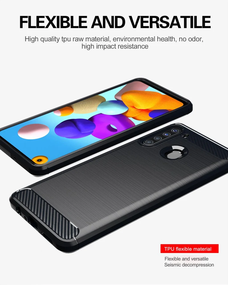 Cadorabo Hülle für Samsung Galaxy A21 Schutzhülle aus flexiblem TPU Silikon in Edelstahl-Karbonfaser Optik