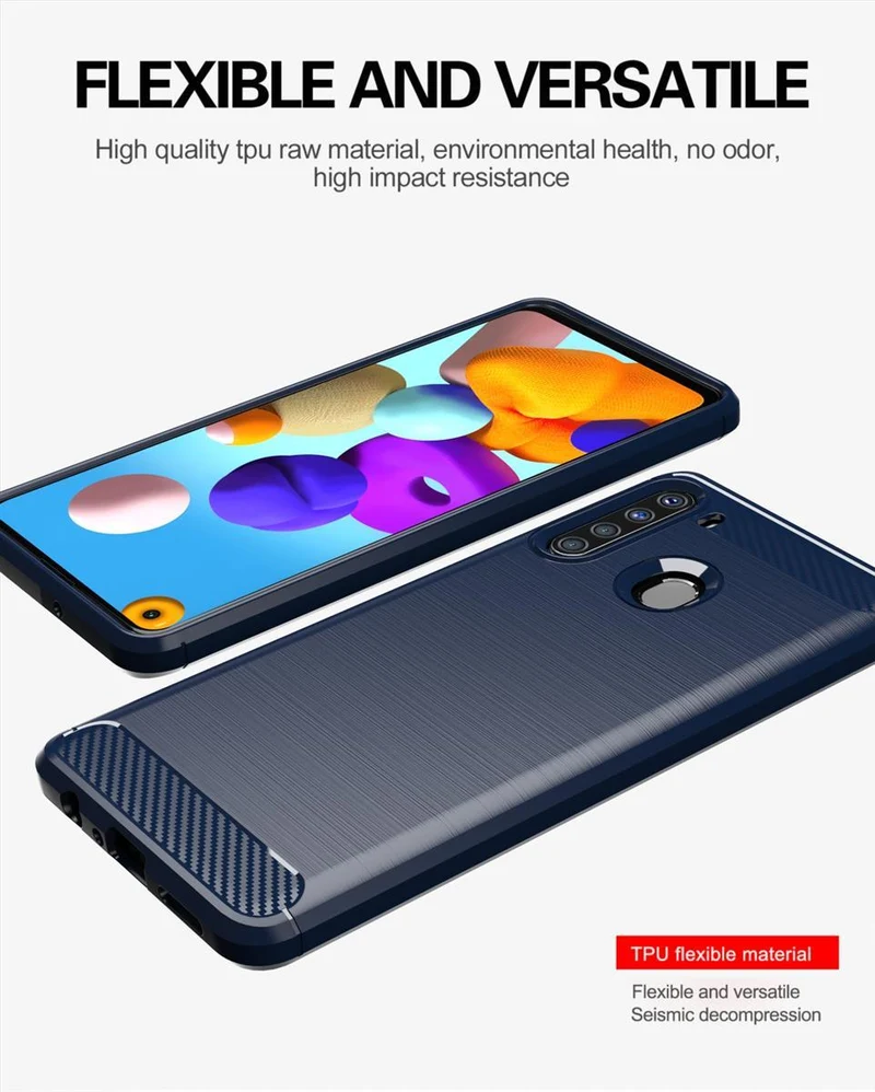 Cadorabo Hülle für Samsung Galaxy A21 Schutzhülle aus flexiblem TPU Silikon in Edelstahl-Karbonfaser Optik