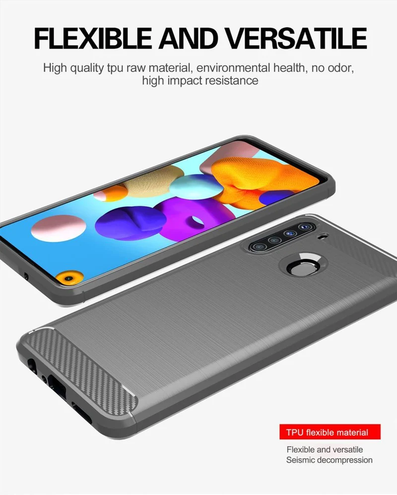 Cadorabo Hülle für Samsung Galaxy A21 Schutzhülle aus flexiblem TPU Silikon in Edelstahl-Karbonfaser Optik