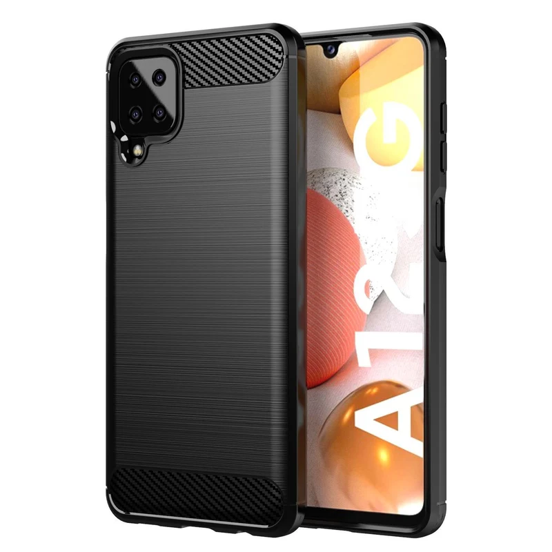 Cadorabo Hülle für Samsung Galaxy A12 / M12 Schutzhülle aus flexiblem TPU Silikon in Edelstahl-Karbonfaser Optik