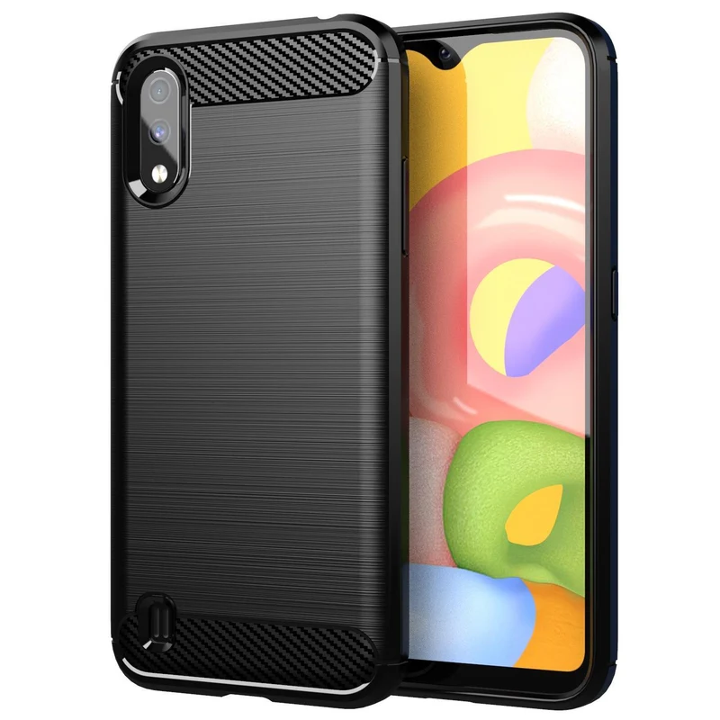 Cadorabo Hülle für Samsung Galaxy A01 Schutzhülle aus flexiblem TPU Silikon in Edelstahl-Karbonfaser Optik
