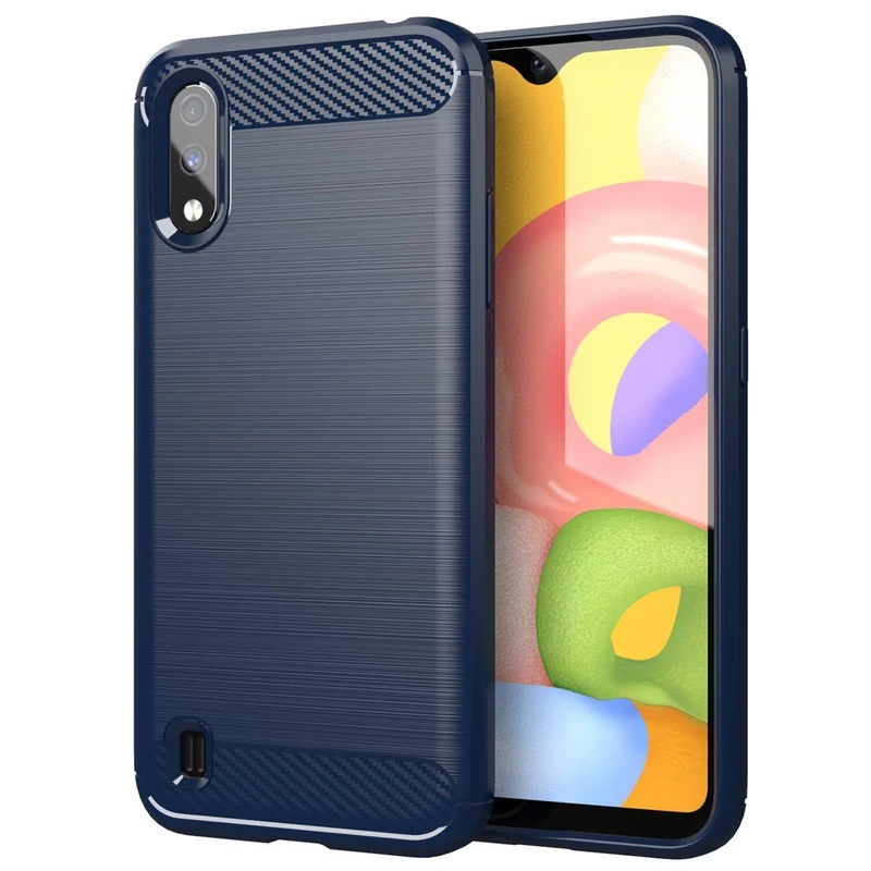 Cadorabo Hülle für Samsung Galaxy A01 Schutzhülle aus flexiblem TPU Silikon in Edelstahl-Karbonfaser Optik
