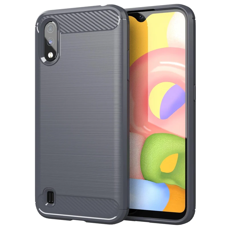 Cadorabo Hülle für Samsung Galaxy A01 Schutzhülle aus flexiblem TPU Silikon in Edelstahl-Karbonfaser Optik