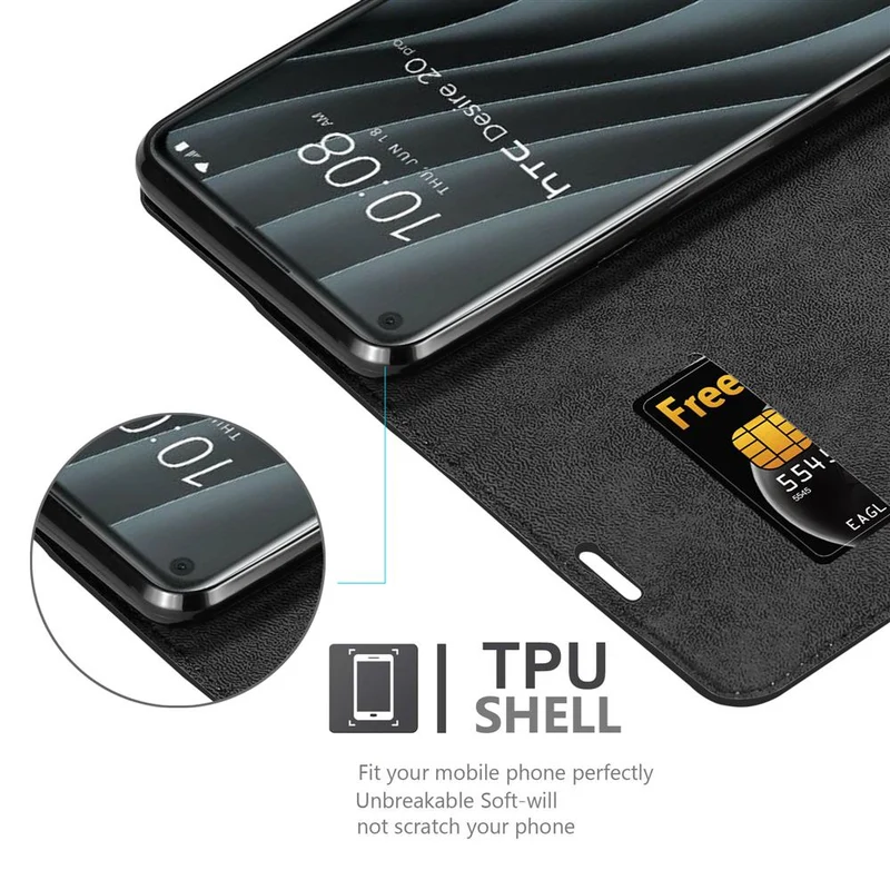 Cadorabo Hülle kompatibel mit HTC Desire 20 PRO Schutzhülle mit Magnetverschluss, Standfunktion und Kartenfach