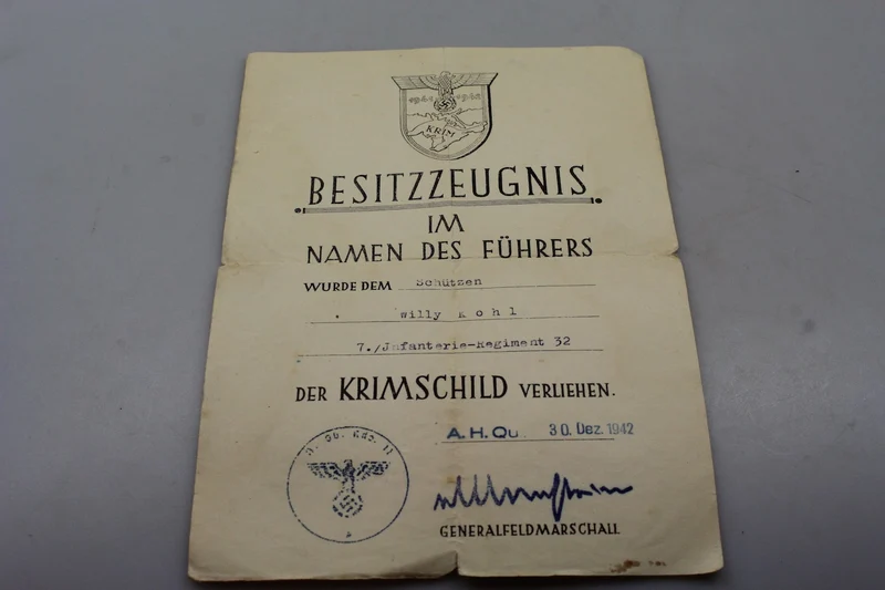 Krimschild-Zertifikat mit weiteren Dokumenten