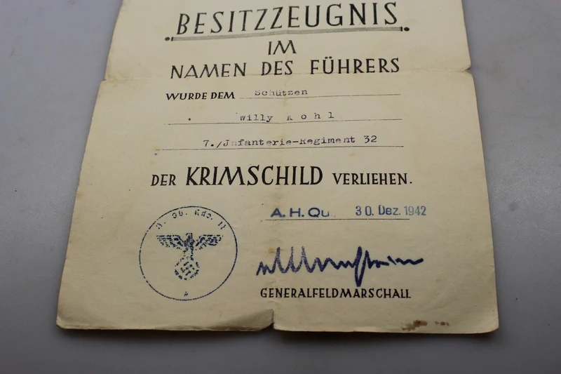 Krimschild-Zertifikat mit weiteren Dokumenten