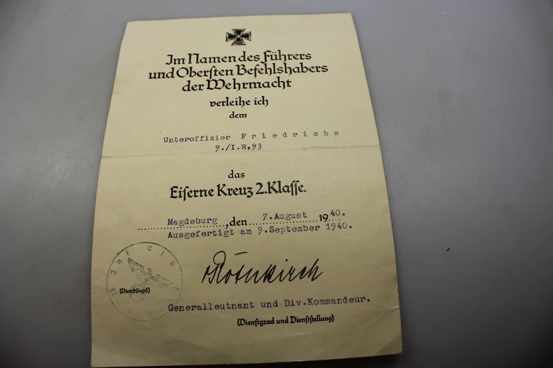 Eisernes Kreuz 2. Klasse Urkunde