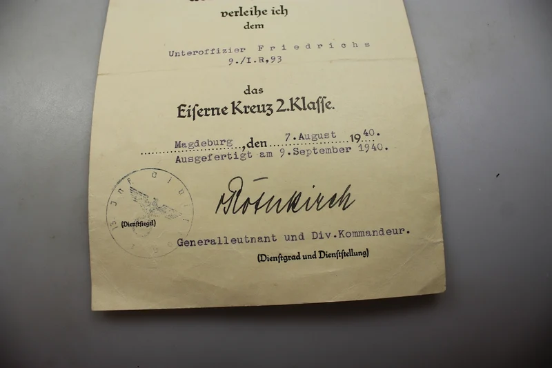 Eisernes Kreuz 2. Klasse Urkunde