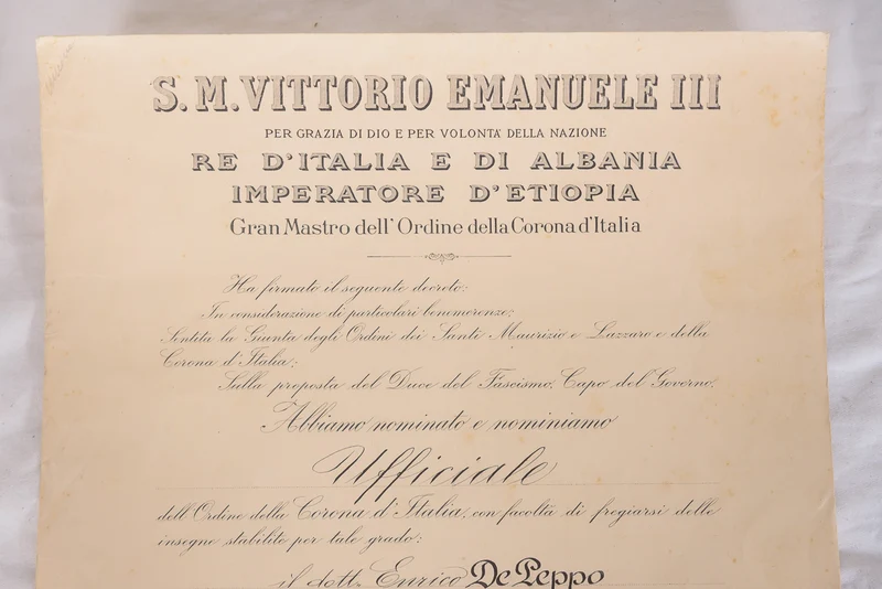 Ernennungsurkunde zum Offizier des Ordens der Krone von Italien
