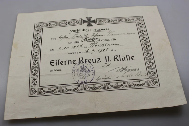 Urkunde über die Verleihung des EK 2 WW1