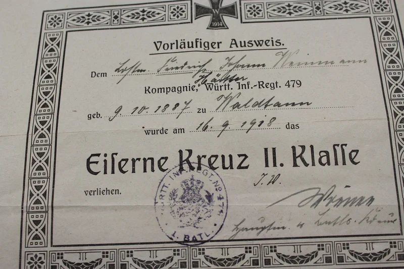 Urkunde über die Verleihung des EK 2 WW1
