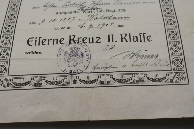 Urkunde über die Verleihung des EK 2 WW1