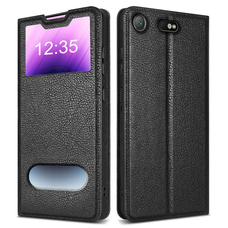 Cadorabo Hülle kompatibel mit Sony Xperia XZ1 COMPACT Schutzhülle mit Magnetverschluss, Standfunktion und 2 Sichtfenstern
