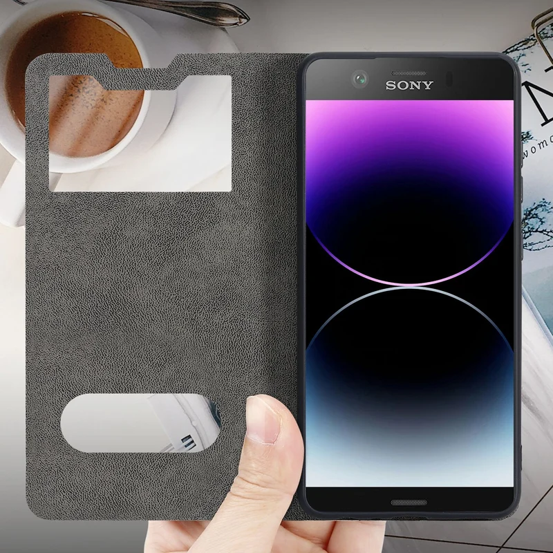 Cadorabo Hülle kompatibel mit Sony Xperia XZ1 COMPACT Schutzhülle mit Magnetverschluss, Standfunktion und 2 Sichtfenstern
