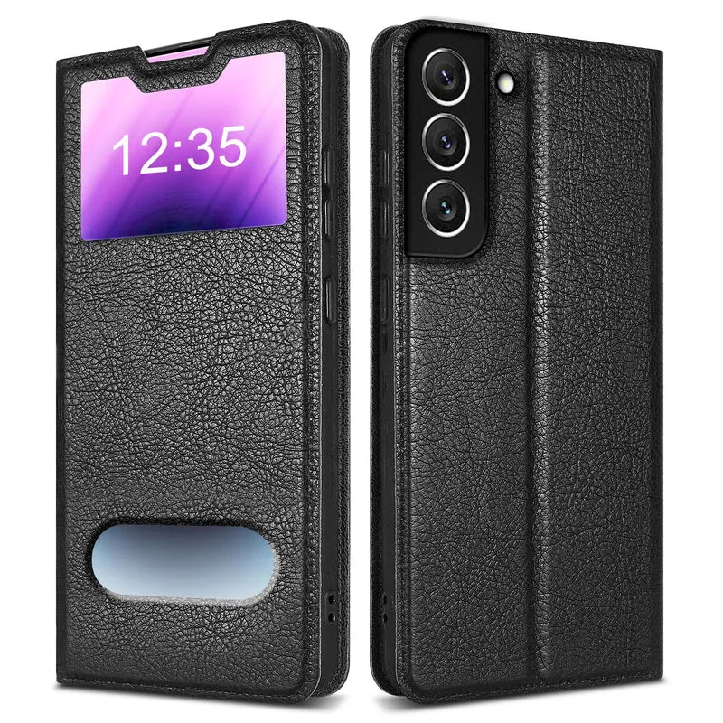 Cadorabo Hülle kompatibel mit Samsung Galaxy S22 Schutzhülle mit Magnetverschluss, Standfunktion und 2 Sichtfenstern