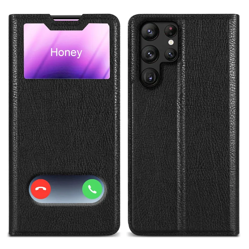 Cadorabo Hülle kompatibel mit Samsung Galaxy S22 ULTRA Schutzhülle mit Magnetverschluss, Standfunktion und 2 Sichtfenstern