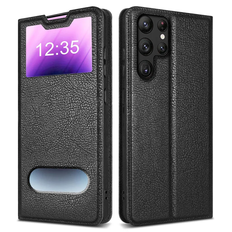 Cadorabo Hülle kompatibel mit Samsung Galaxy S22 ULTRA Schutzhülle mit Magnetverschluss, Standfunktion und 2 Sichtfenstern