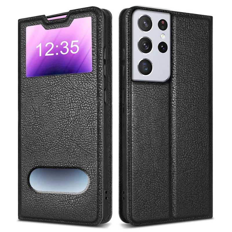 Cadorabo Hülle kompatibel mit Samsung Galaxy S21 ULTRA Schutzhülle mit Magnetverschluss, Standfunktion und 2 Sichtfenstern