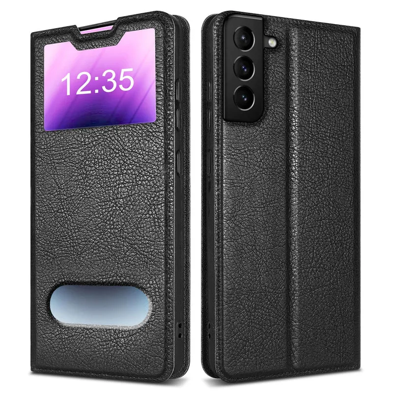 Cadorabo Hülle kompatibel mit Samsung Galaxy S21 PLUS Schutzhülle mit Magnetverschluss, Standfunktion und 2 Sichtfenstern