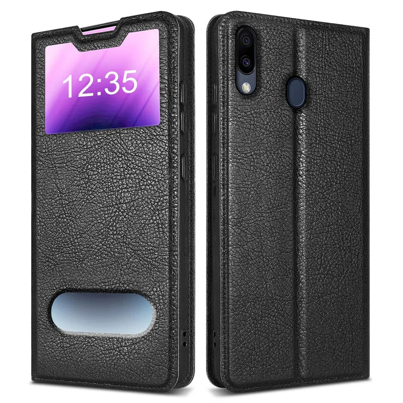 Cadorabo Hülle kompatibel mit Samsung Galaxy M20 Schutzhülle mit Magnetverschluss, Standfunktion und 2 Sichtfenstern