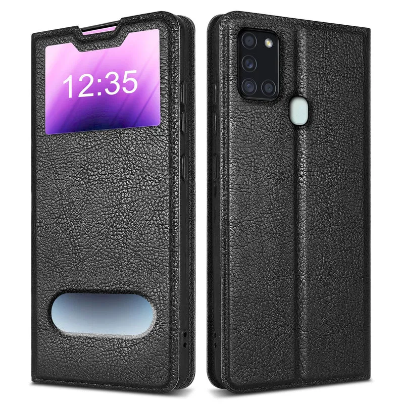 Cadorabo Hülle kompatibel mit Samsung Galaxy A21s Schutzhülle mit Magnetverschluss, Standfunktion und 2 Sichtfenstern