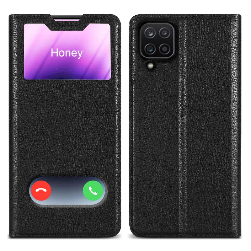 Cadorabo Hülle kompatibel mit Samsung Galaxy A12 / M12 Schutzhülle mit Magnetverschluss, Standfunktion und 2 Sichtfenstern