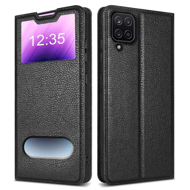 Cadorabo Hülle kompatibel mit Samsung Galaxy A12 / M12 Schutzhülle mit Magnetverschluss, Standfunktion und 2 Sichtfenstern