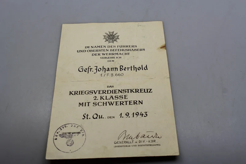KVK-Zertifikat mit Schwertern zweiter Klasse