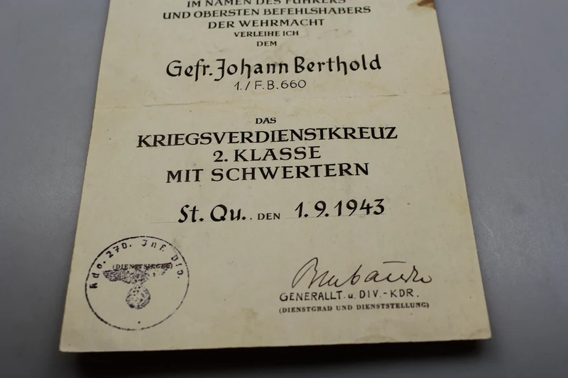 KVK-Zertifikat mit Schwertern zweiter Klasse