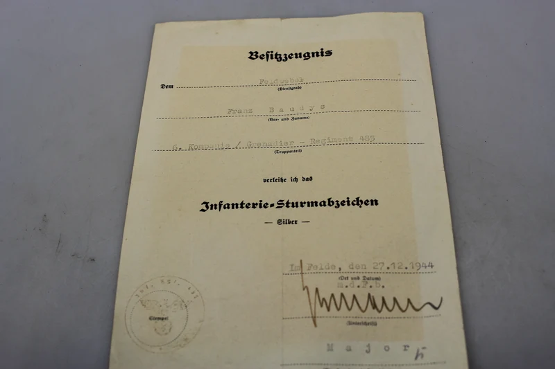 Infanterie Sturmabzeichen Urkunde "Silber".