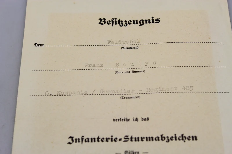 Infanterie Sturmabzeichen Urkunde "Silber".