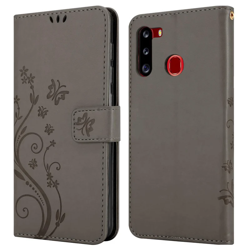 Cadorabo Hülle kompatibel mit Samsung Galaxy A21 Schutzhülle im Blumen Design mit Magnetverschluss, Standfunktion und Kartenfächern