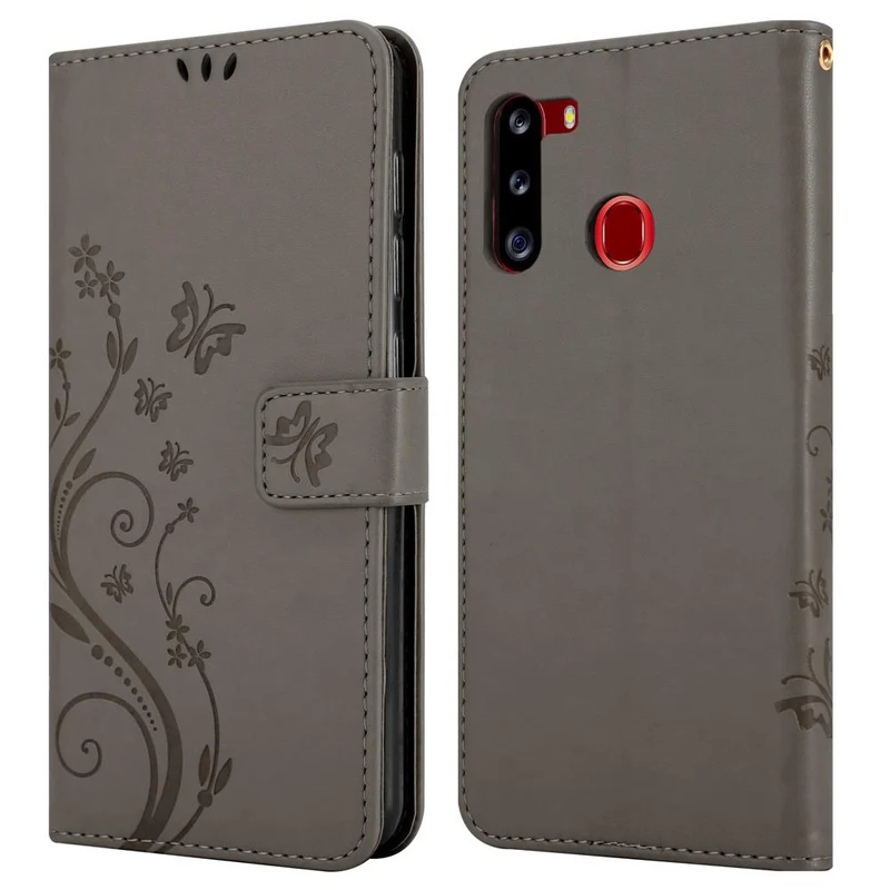 Cadorabo Hülle kompatibel mit Samsung Galaxy A21 Schutzhülle im Blumen Design mit Magnetverschluss, Standfunktion und Kartenfächern